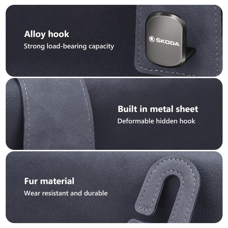 AAAJE1 For Skoda Alloy Suede Car Seat Headrest Hook Auto Back Seat Organizer Accessories Kodiaq Fabia Kamiq Karoq Octavia 2 3 Rapid