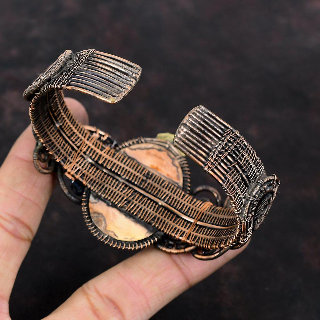 Браслет с астрофиллитом, медная проволока, браслет с драгоценными камнями, регулируемый браслет-манжета, браслет с цветами, медный ювелирный браслет, подарок для него, браслет ручной работы