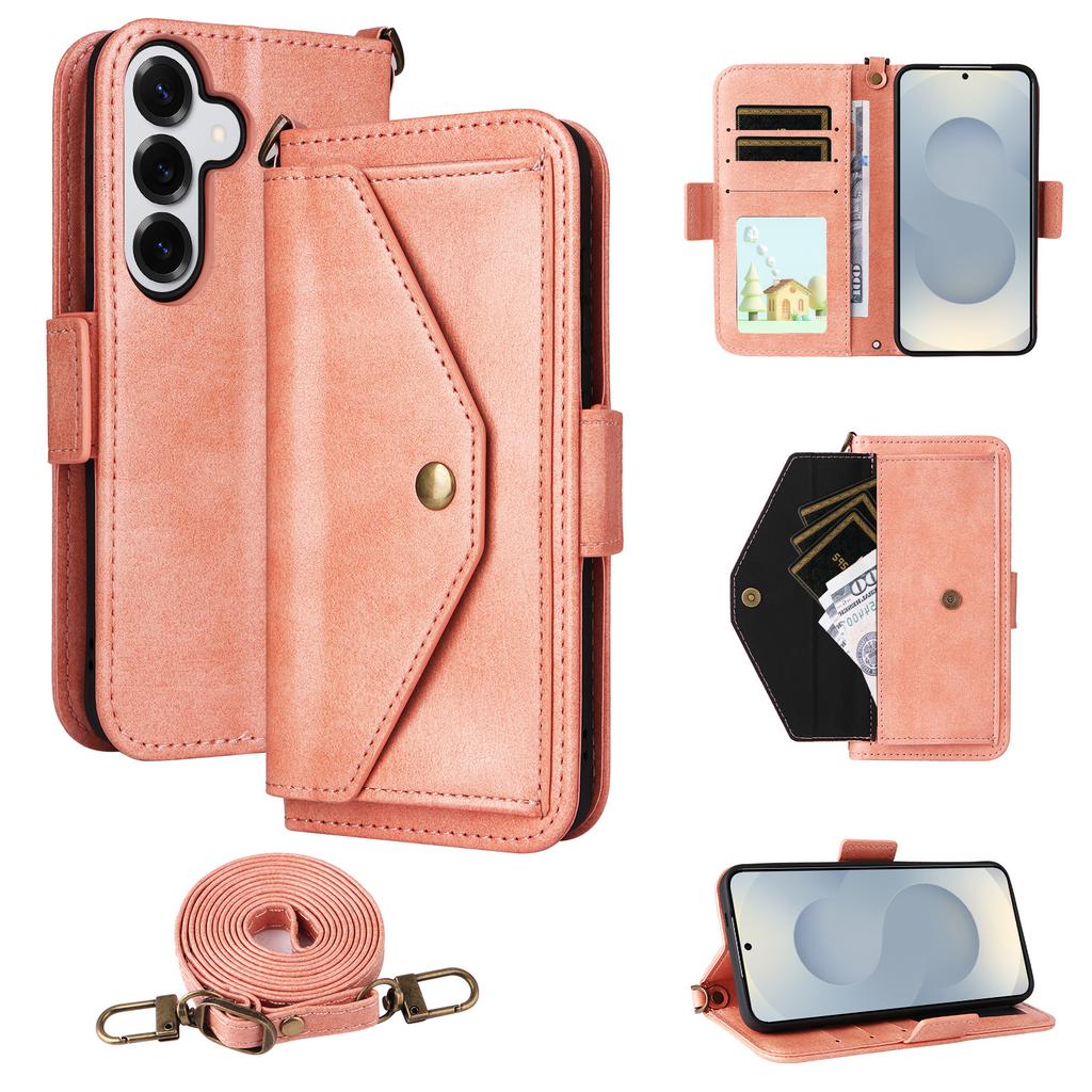 For Samsung Galaxy S25+ Leather Case Magnetic Closure Wallet Stand Phone Cover with Crossbody Strap