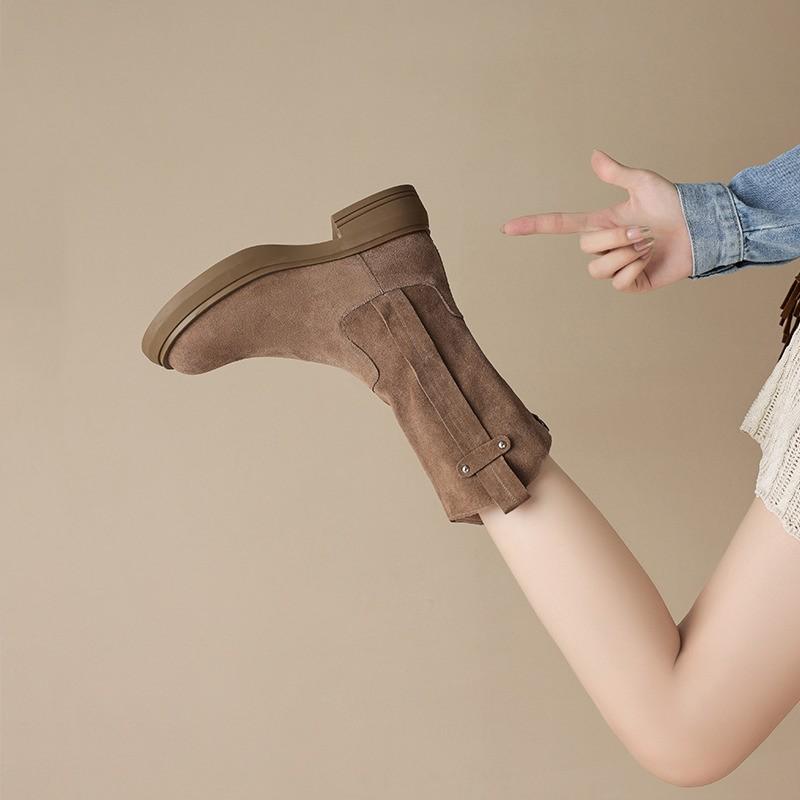 2025 осень-зима короткие женские ботинки на среднем каблуке с толстой подошвой удобные матовые кожаные вестерн-ботинки корейская версия мягкие кожаные женские ботинки