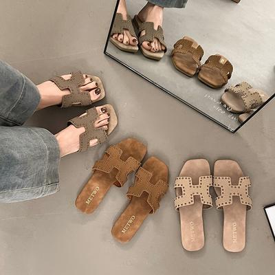Плоская подошва, Тапочки, Женская, Верхняя одежда, Выдолбленные, Открытый носок, Мягкая подошва, Повседневная обувь, Пляжные сандалии
