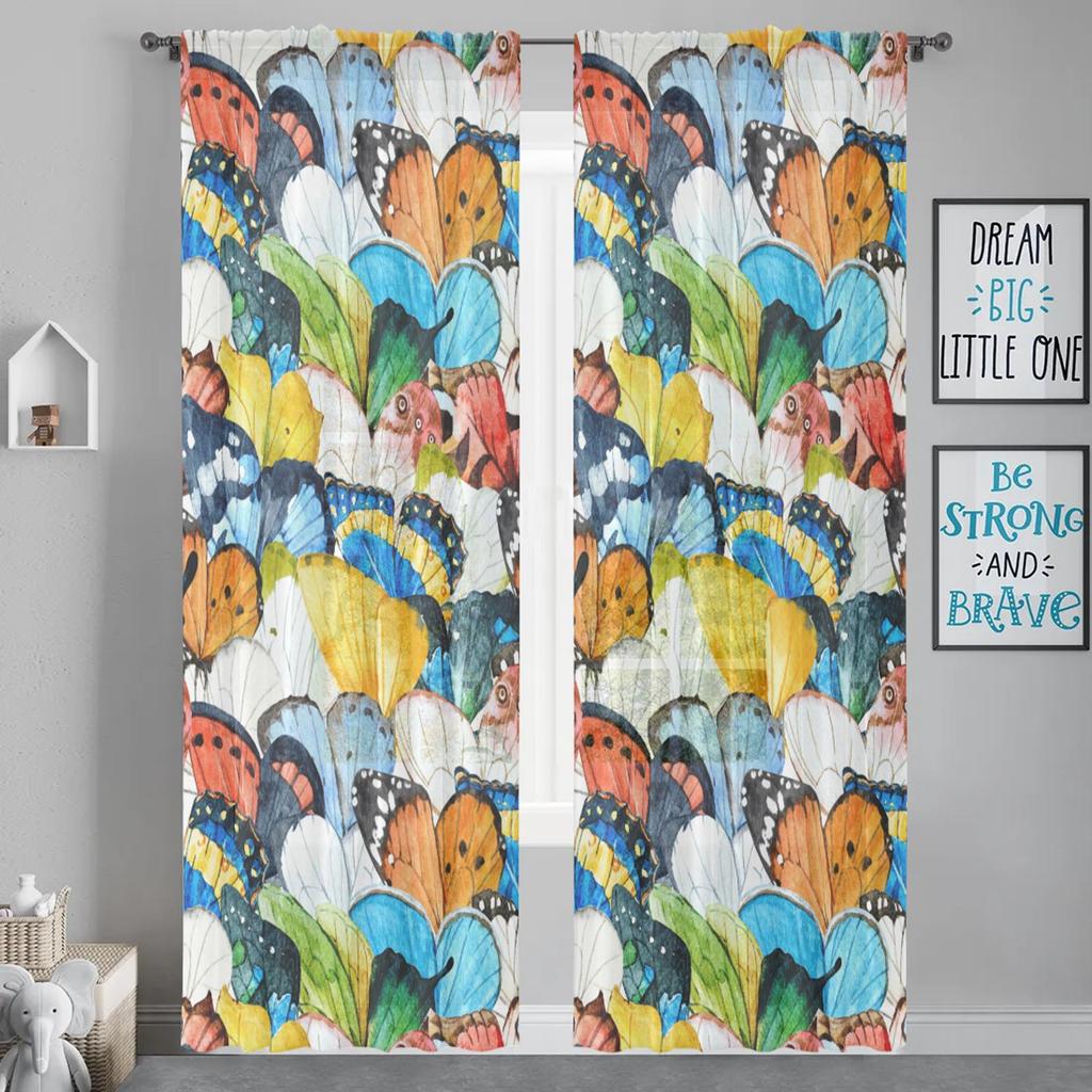 Herdesings Butterfly Colorful Sheer Tulle Curtains Chiffon Drapes 2 Panels Window Curtains for Living Room Bedroom Kitchen Decor