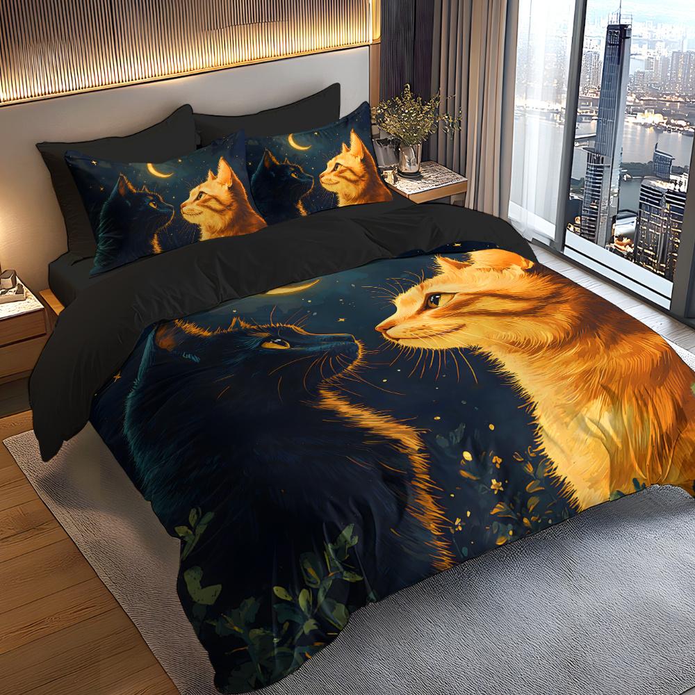 Bedding Set With Digital Print Dreamy Cat Silhouette Design Theme Full Polyester Fleece Digital Printed Duvet Cover Set