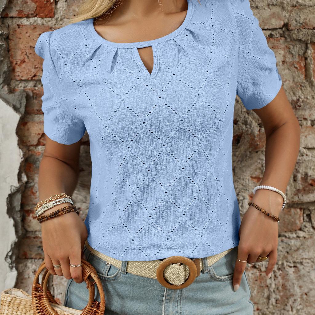 2025 Весна/Лето Новая однотонная футболка с круглым вырезом и коротким рукавом на пуговицах с открытыми плечами