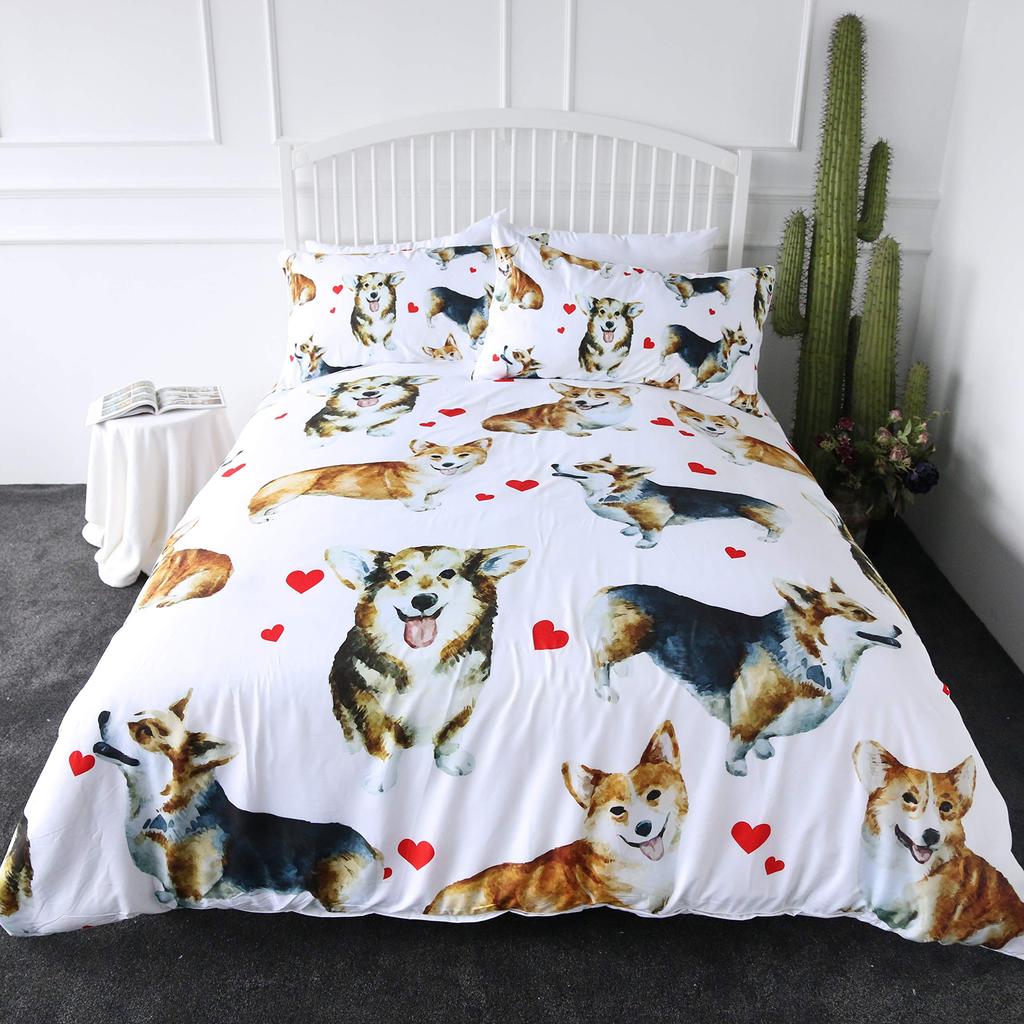 Комплект пододеяльника для щенка мопса, корги, сиба-ину, чехол для одеяла с собакой, постельное белье I Love Dogs, комплекты постельного белья с кавайными животными, мультяшные покрывала, полный размер