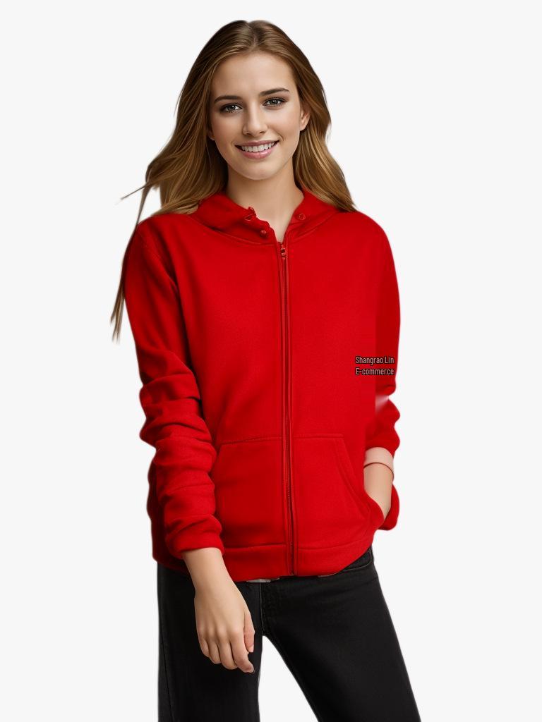 2023 Модная женская однотонная куртка-кардиган с капюшоном на молнии и карманами