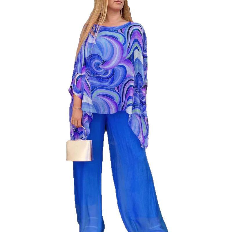 Летний шифоновый комплект из двух предметов 2026: Повседневная футболка с круглым вырезом и принтом для женщин