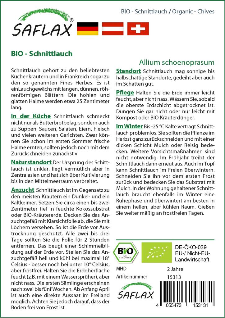 SAFLAX Сад в сумке - Органический - Зеленый лук - 250 семян - С субстратом в подходящей устойчивой сумке - Allium schoenoprasum