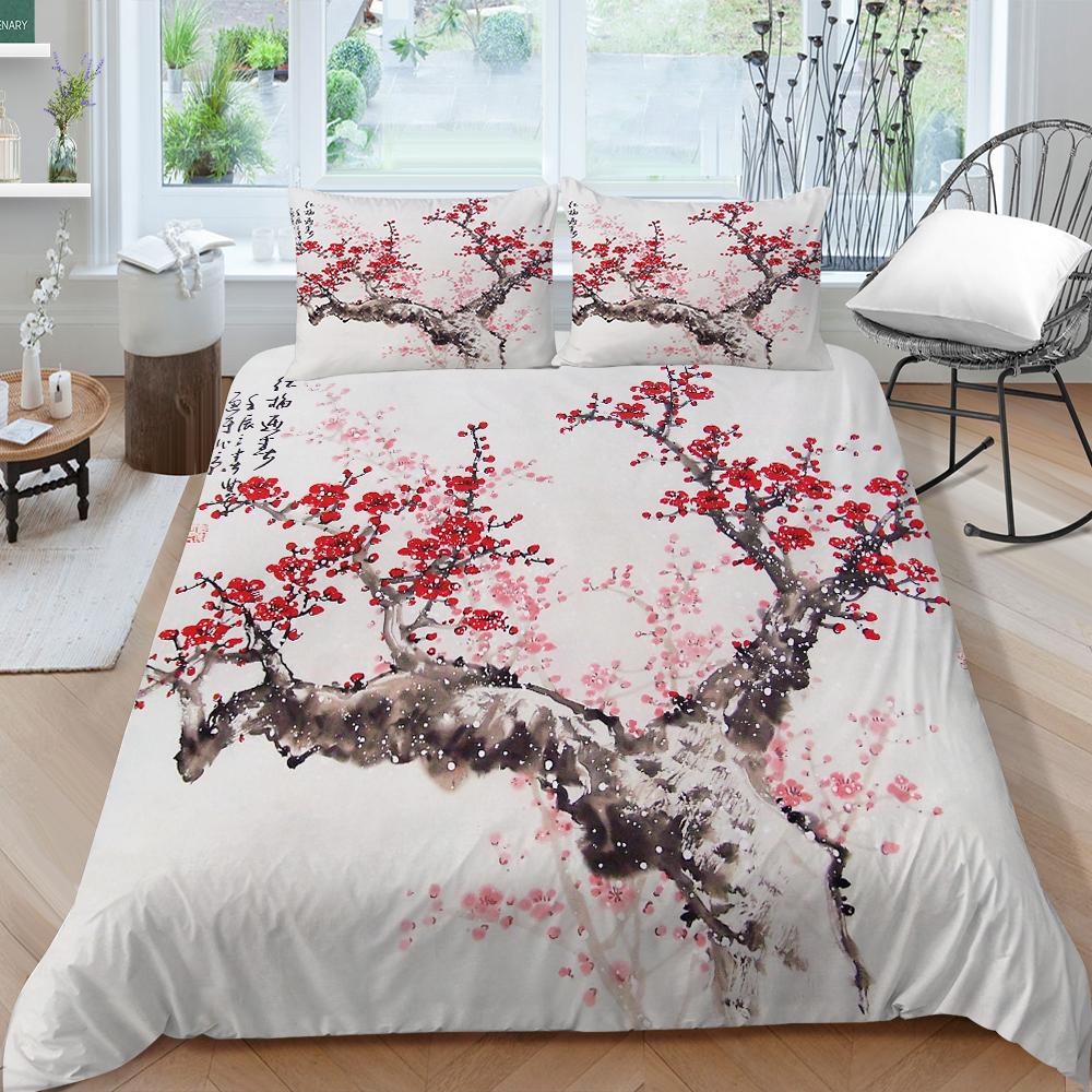 3D Family Bedding Single Double Bed Full Size Bedding Plum Blossom Pattern Pillowcase and Quilt Cover Noble and Washable Family Decoration