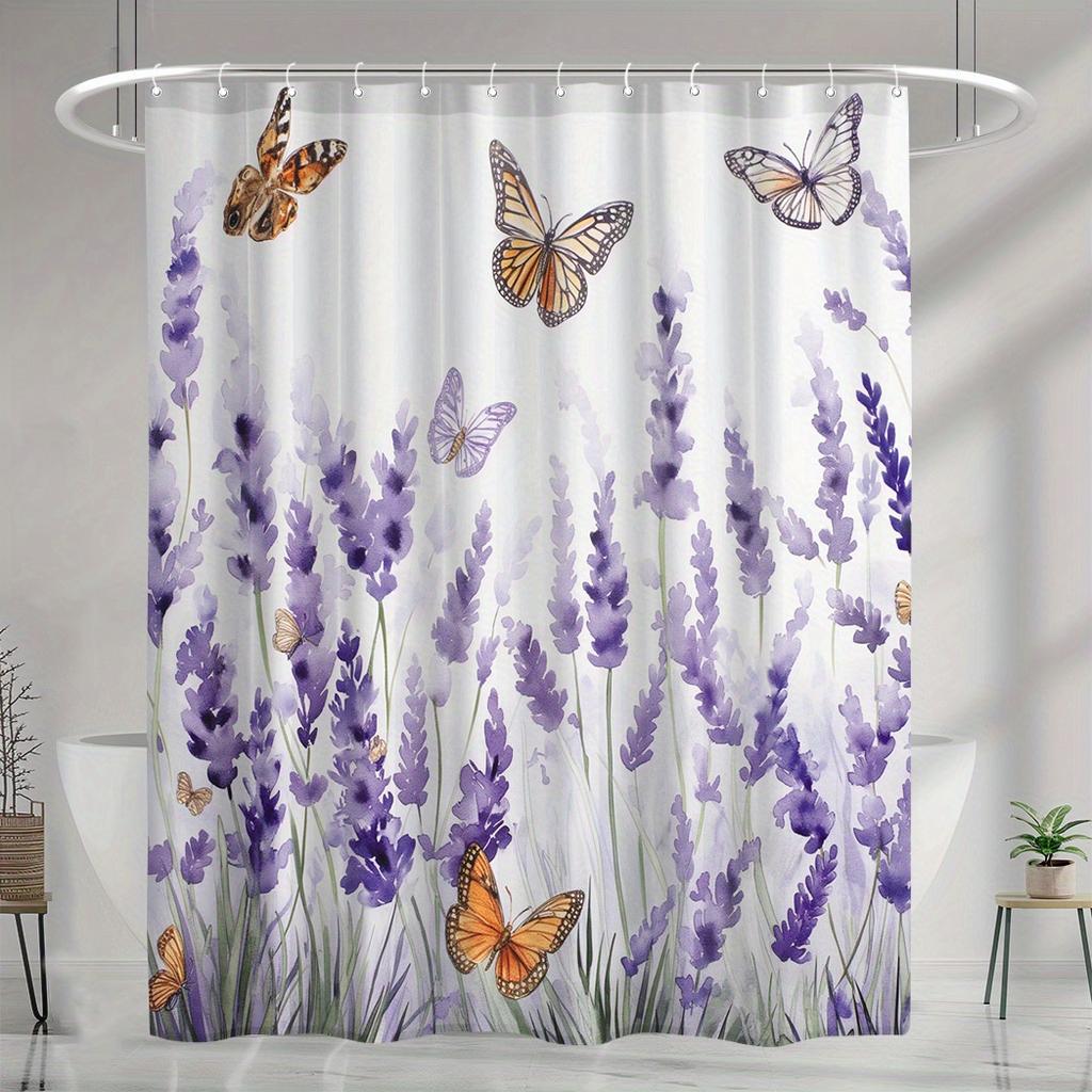 1pc Butterfly Lavender Shower Curtain - Waterproof, Durable, Includes 12 Hooks, Decorative Bathtub Partition
