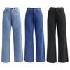 Women Jeans High Waist Zipper Button Closure Solid Color Slim Fit Wide Leg Retro Straight Pockets Soft Colorfast Lady Full Length Denim Pants