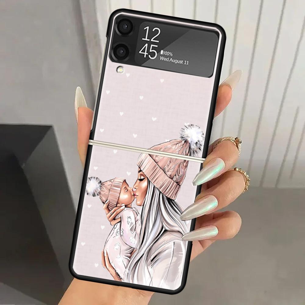 Чехол для телефона с принтом «Мама и малыш» из твердого ПК для Samsung Galaxy Z Flip 6 5 4 3 Черный чехол ZFlip6 Flip5 Flip4 5G Складные чехлы с принтами
