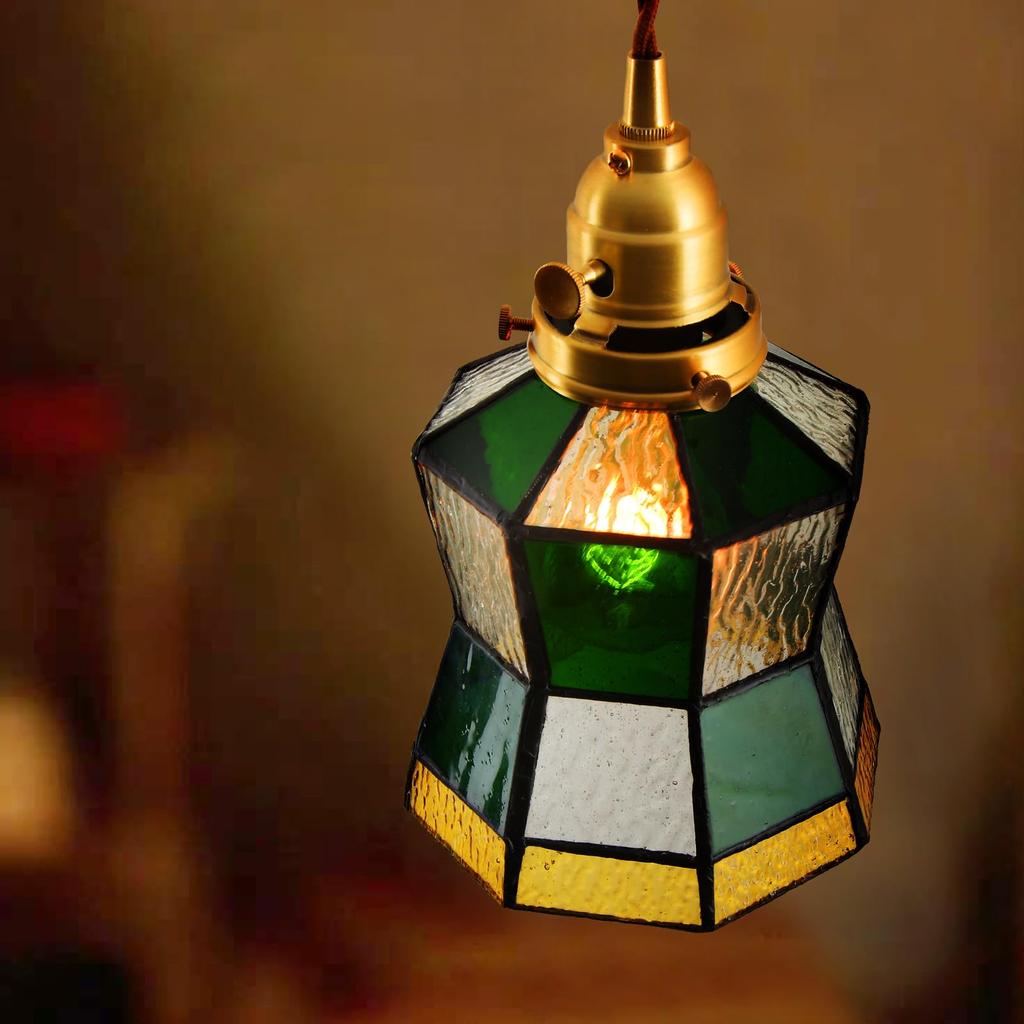 Stylish Pendant Light with Glass Shade, Brass Socket, LED Compatible (E26), Adjustable Cord, Stained Glass Design - Green and Amber (Bulb Sold