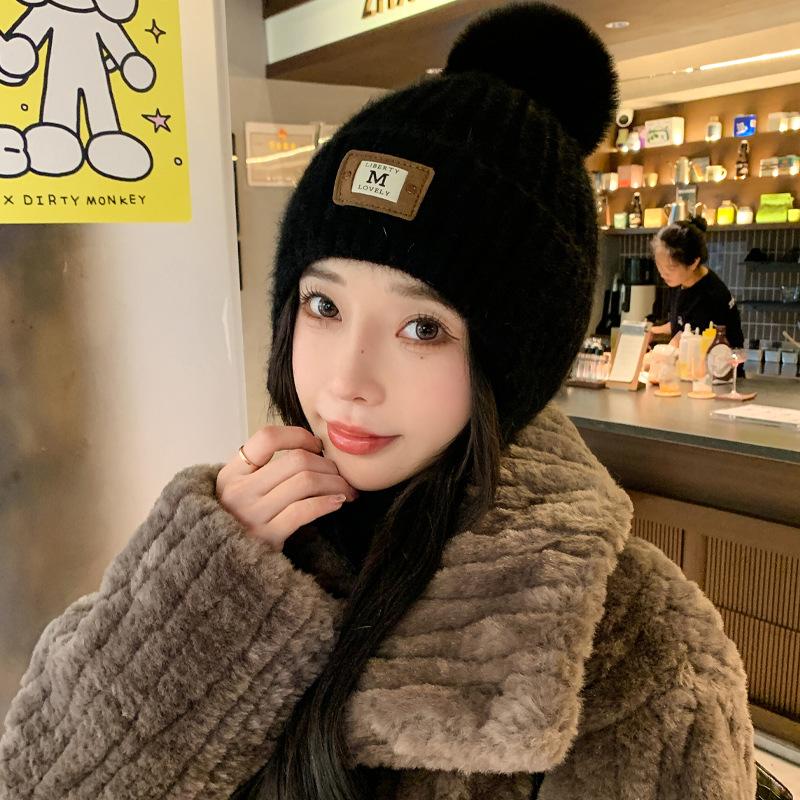 New Hat Women'S Fashion Leather Label Knitted Wool Hat Winter Warm Student Ear Hat Thick