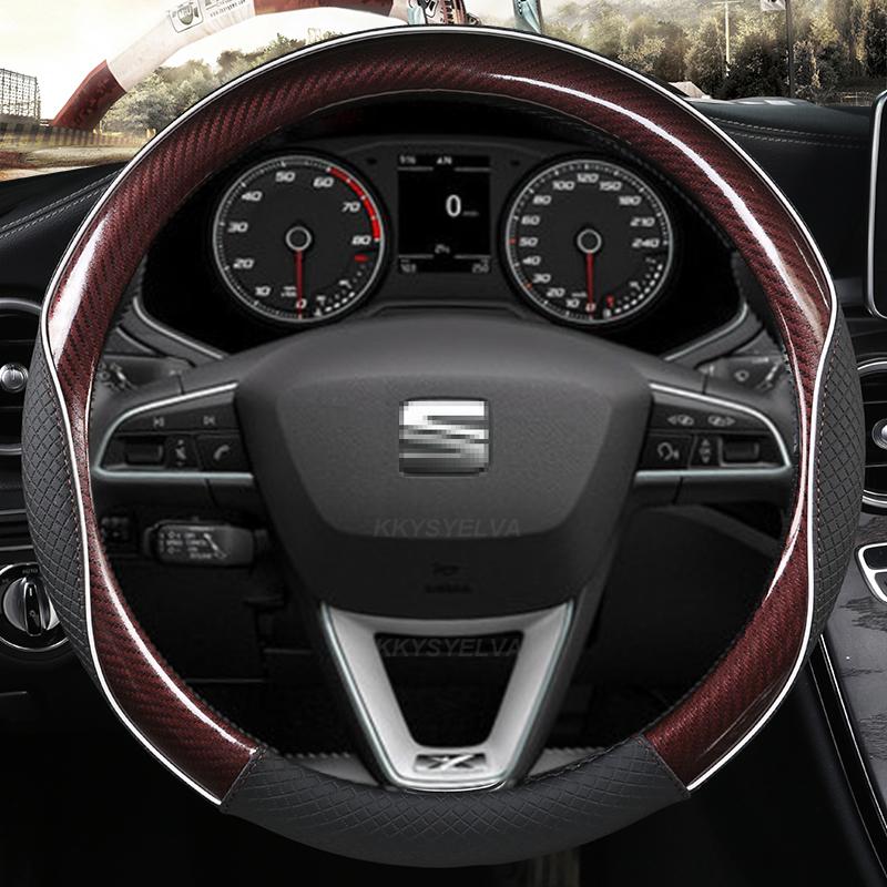 Carbon Fiber+Leather Car Steering Wheel Cover Non-Slip 38cm For Seat Tarraco Arona Ateca Ibiza Toledo Mii Leon Arosa Exeo ST FR