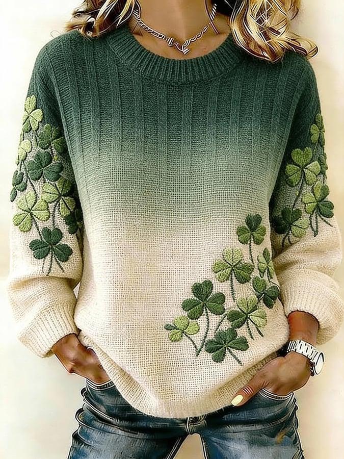 European and American real sweater printed retro Fair Island knitted sweater Saint Pat Festival clover crew neck autumn and winter new models