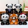 Плюшевая игрушка панда в джинсовых подтяжках и красном платье для декора рабочего стола