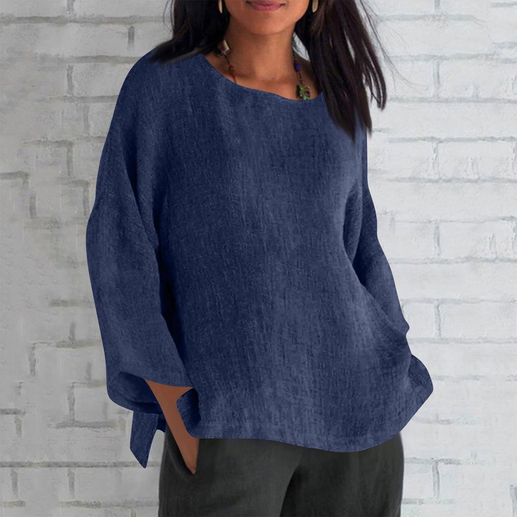 Women's Fashion Long Sleeve Round Neck Solid Colour Loose Casual Shirt Top