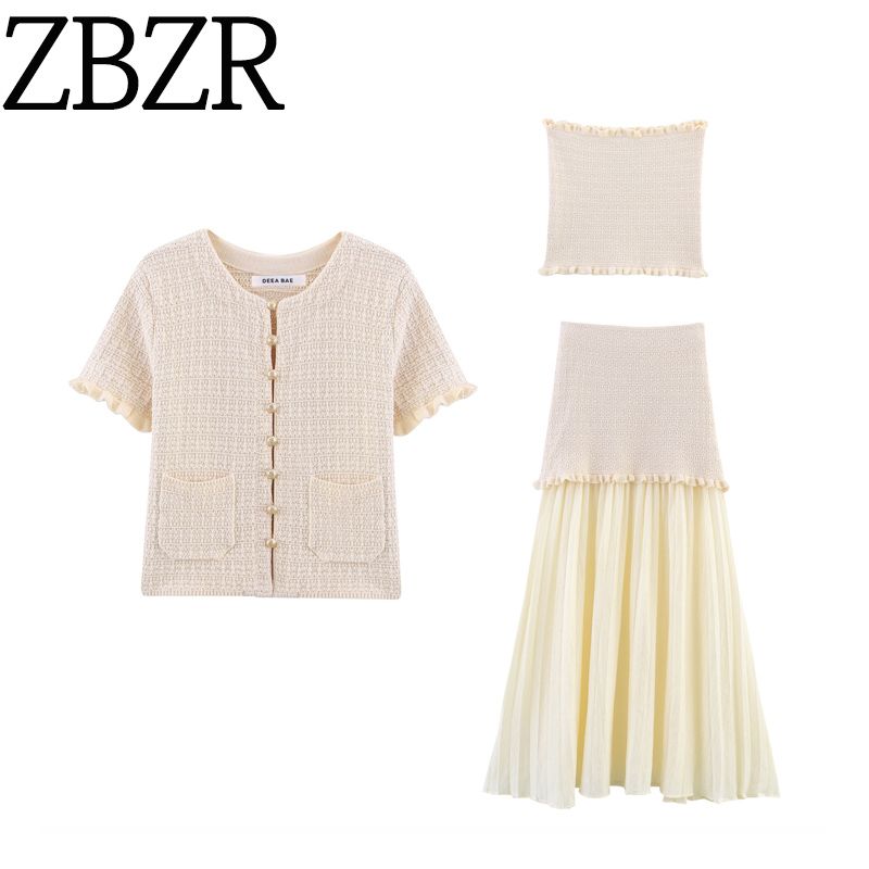 Zbzr Spring New Women Clothes European and American Laminated Decorative Round Neck Short Sleeve Knitted Three-Piece Set 4192041 712