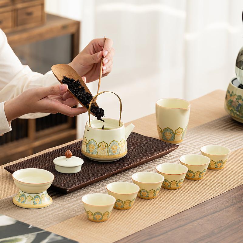 Ru Kiln Ancient Rhyme Kung Fu Tea Set Household Light Luxury High-end Ceramic Cover Bowl Teapot Teacup Complete Set High-end Gift Box