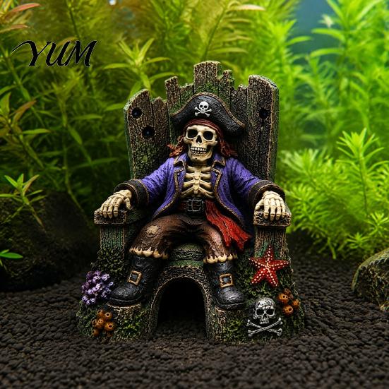 Aquarium Pirate Skull Decorations Skeleton Throne Ornament, Resin Fish Tank Hideout Cave for Small Accessories Fish, Realistic King Castle Decor