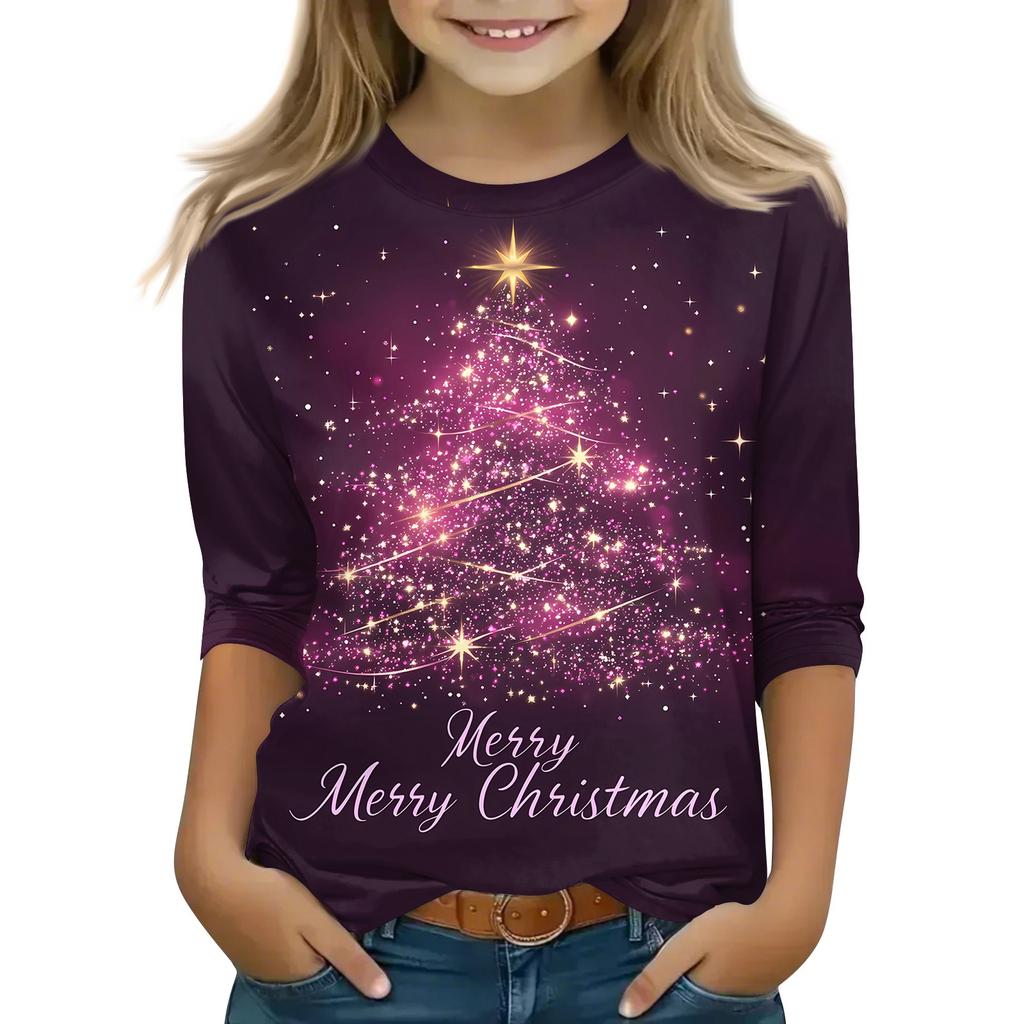 Children's 3/4 Sleeve Tops Casual Christmas Print T Shirt Round Neck Pullover Blouse