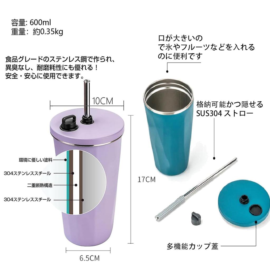 KAISWK Tumbler with Straw 600ml with Lid Large Capacity Straw Water Bottle Vacuum Insulated Tumbler Stylish Stainless Steel Portable Coffee Cup