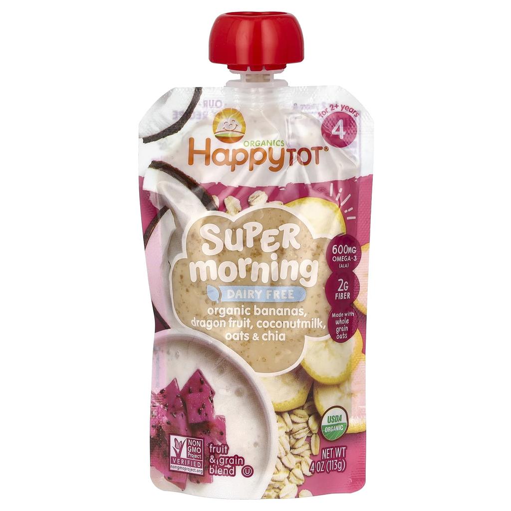 Happy Family Organics, Happy Tot, Super Morning, без молочных продуктов, Step 4, органический банан, питайя, кокосовое молоко и овес + супер чиа, 4 унции (113 г)