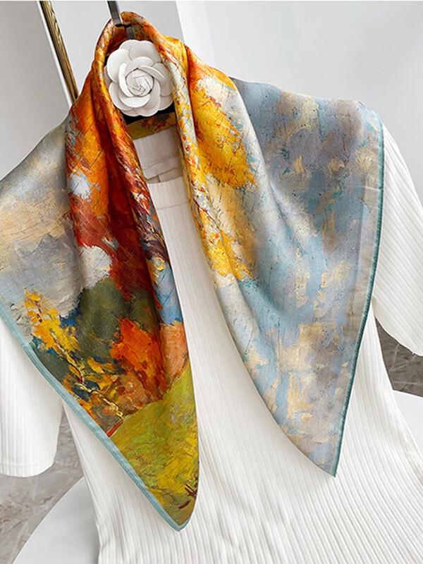 SIYUTANG 70cm Silk Square Scarf with Oil Painting Design