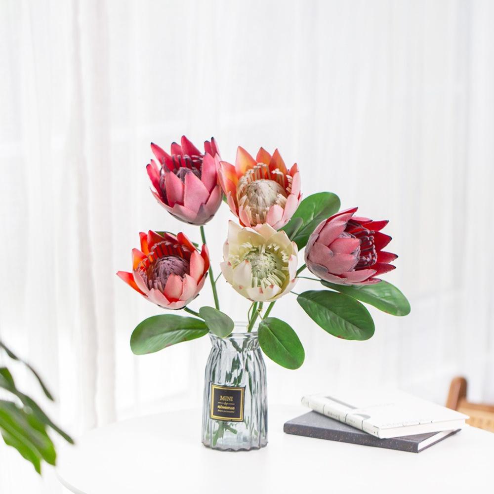 Fake Flower Decoration Soft Fake King Protea Artificial Thistle Flower Flocking Simulation Flower For Bouquet Decoration Home
