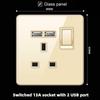 Hong Kong & Macau 13A British Socket with USB Fast Charging, Type-C, Gold Glass Panel, Three-Hole Square Pin