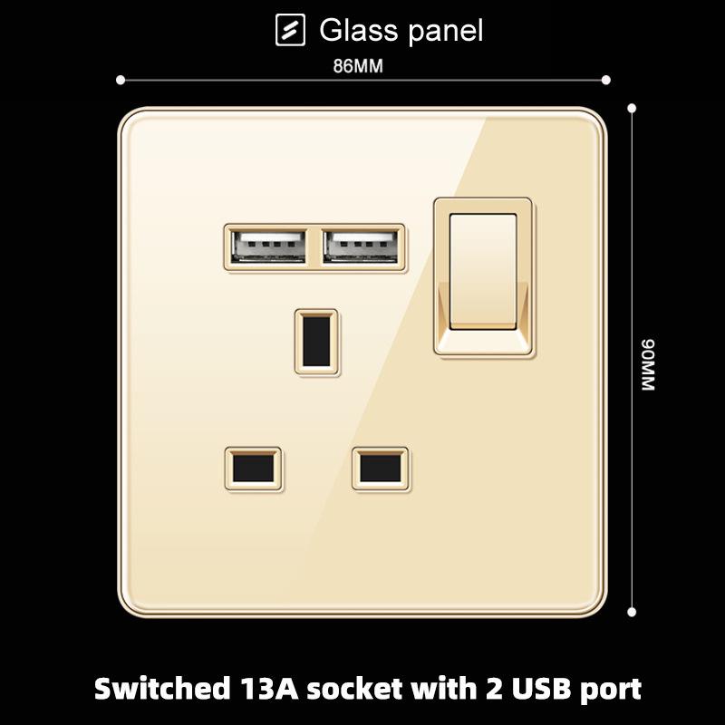Hong Kong & Macau 13A British Socket with USB Fast Charging, Type-C, Gold Glass Panel, Three-Hole Square Pin