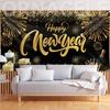 Happy New Year Backdrop Banner, Large Size 78 x 43 Inch Banner Black Gold Background Banners for New Year Party Decorations Celebration
