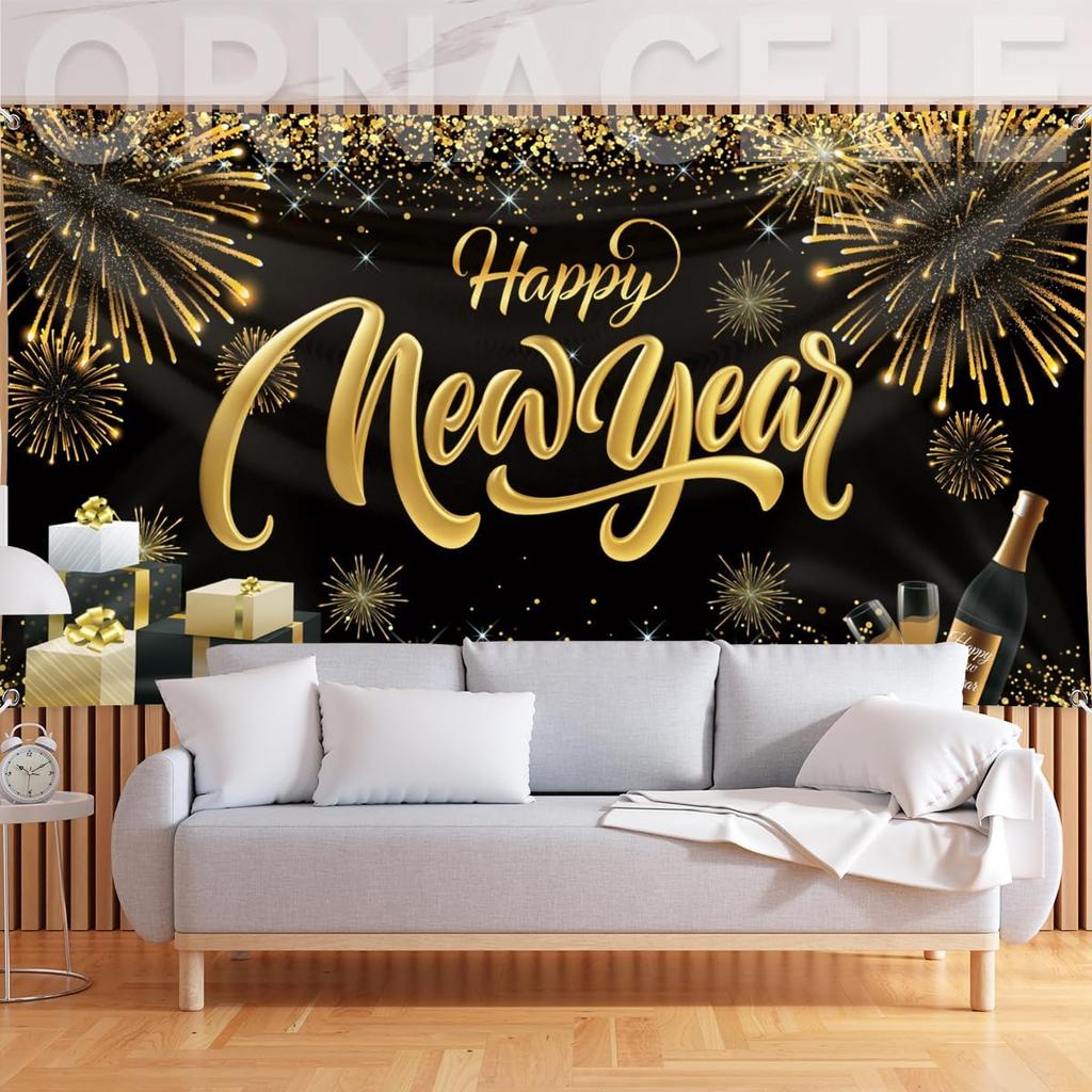Happy New Year Backdrop Banner, Large Size 78 x 43 Inch Banner Black Gold Background Banners for New Year Party Decorations Celebration