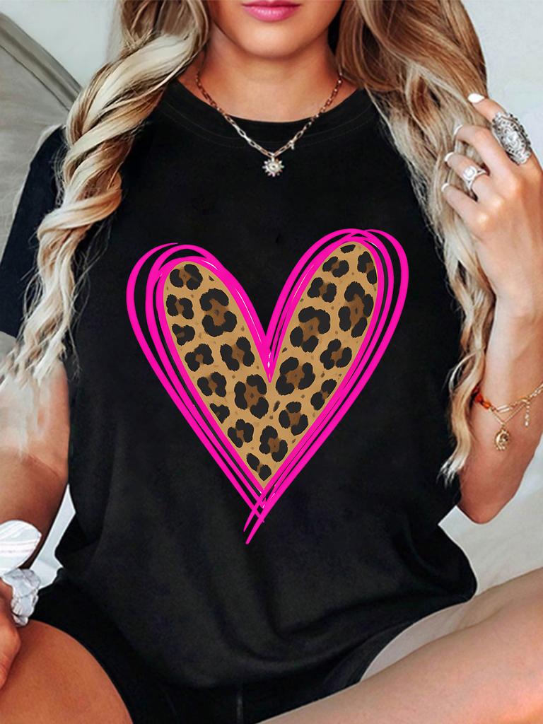 2026 Leopard Print Heart Print Plus Size Women's Round Neck Summer Casual Short Sleeved Street Fashion Versatile T-shirt