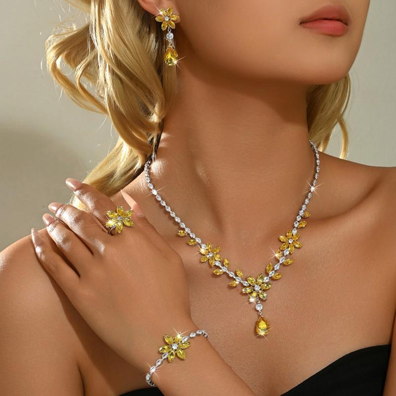 Elegant Floral Zircon Jewelry Set Women Green Blue Yellow Trio With Cross Chain Necklace Earrings Bracelet