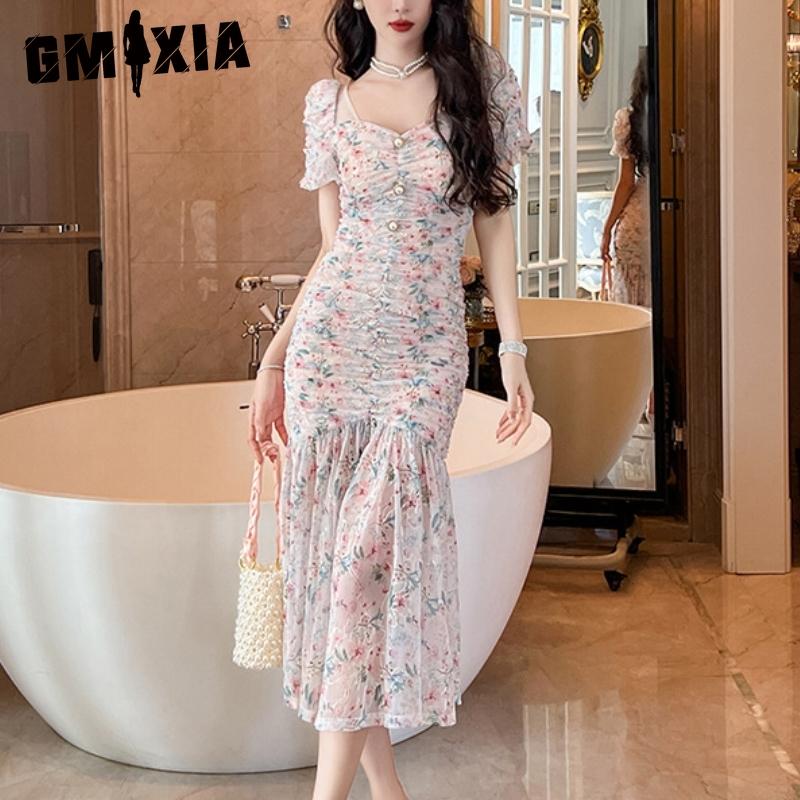GMXIA Летнее женское нежное стильное платье с объемными рукавами на талии и цветочным принтом «рыбий хвост»