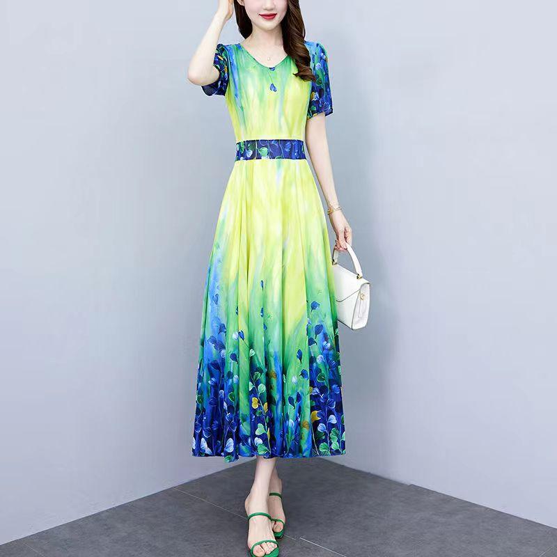 Женское летнее платье, большое шифоновое платье M-5XL, женское платье, утягивающее и утягивающее талию, платье с принтом