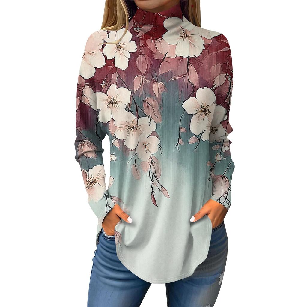 Women's Fashionable Casual High Neck Printed Long Sleeve T-Shirt Pullover Top