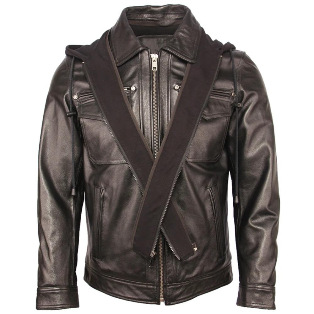 Chinese Size Men Genuine Leather Jacket Quilted Hood Removable 100% Cowhide Coat Genuine Leather Jackets Man Winter Coat Warm Clothing