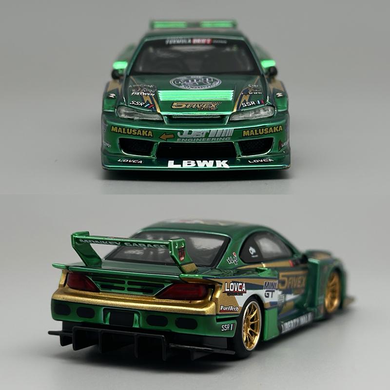 МИНИГТ 1:64 Nissan LB-Super Silhouette S15 SILVIA LBWK 2024 Зеленый Хром Литой диск MGT Модель автомобиля 858