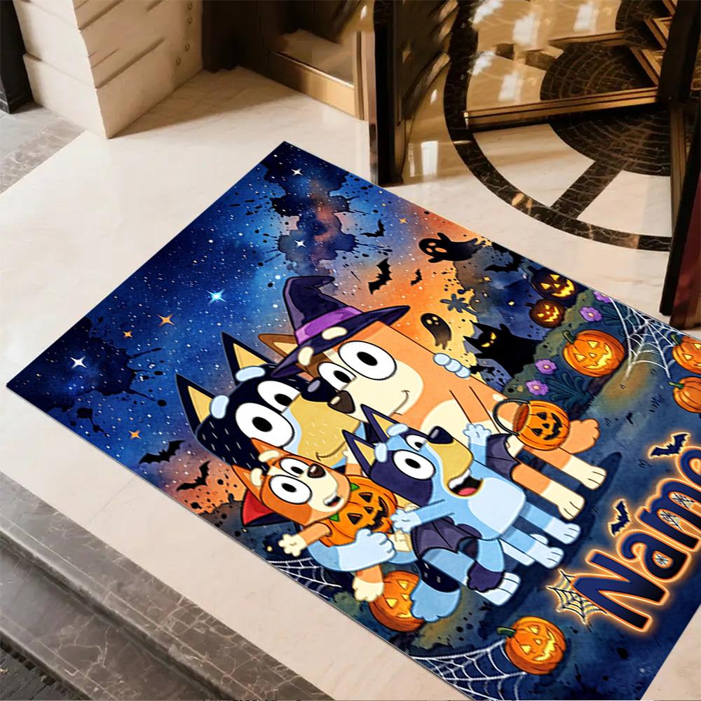Bluey Halloween Night Personalized Name Floor Mat Suitable for Decorate room Study room Entryway Balcony Antislip Carpet Anime Office Decor