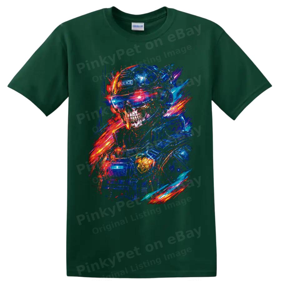 Police Skull T Shirt Neon Cyberpunk Tactical Officer Graphic Halloween Tee Art