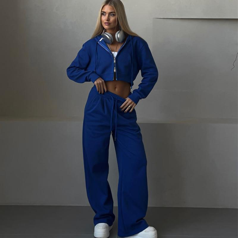 Women's Casual Solid Color Hoodie Pants Suit Zipper Short Hooded Sweatshirt Elastic Waist Sweatpants Two-piece Set