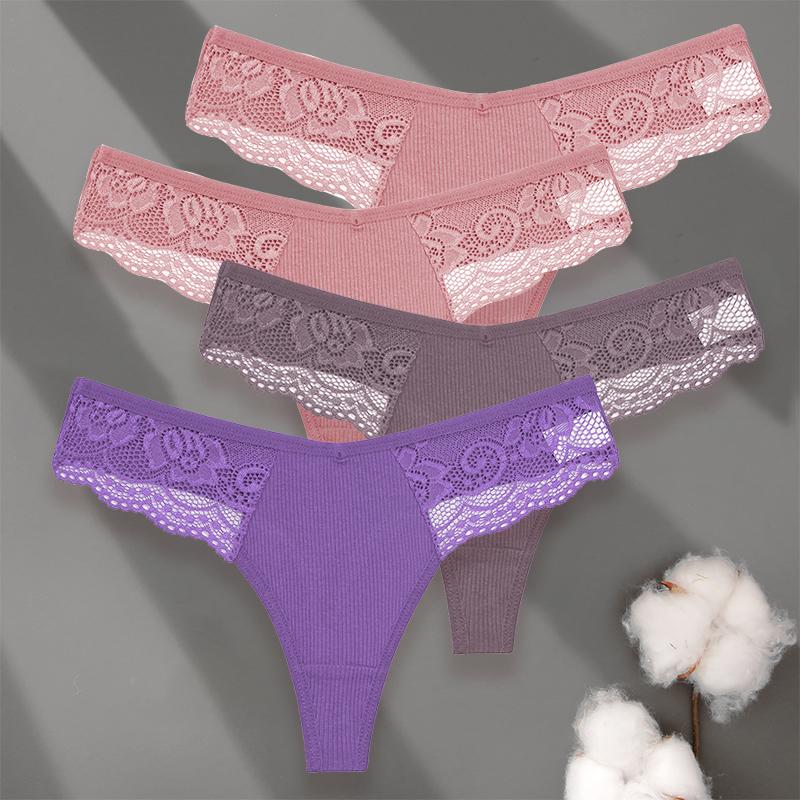 4PCS/Set Sexy V-Waist Women Cotton G-string S-XL Lace Lingerie Panties Thongs Femme Underwear Girls Underpant Intimates