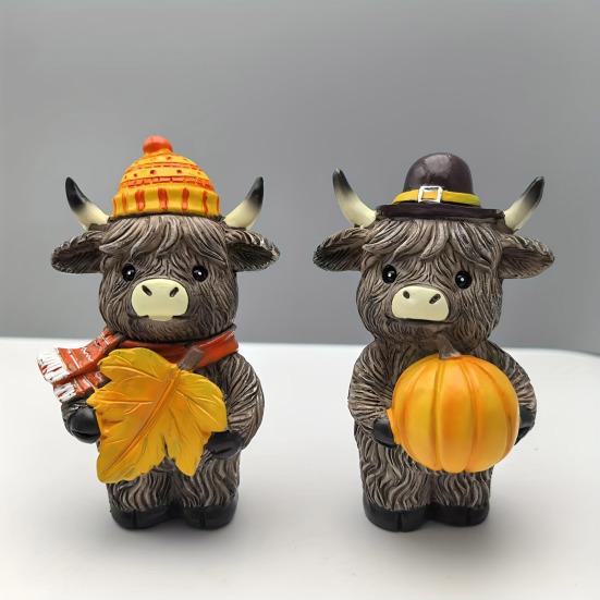 1/2Pcs Highland Cow Ornament Window Sill Cow Ornament Halloween Party Resin Decor