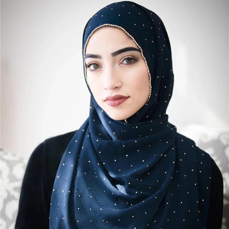 Luxury Gold Chiffon Head Scarf Solid Soft Long Muslim Scarves For Women Hijab Musulman Femme Shawl and Wrap Foulard Islamique