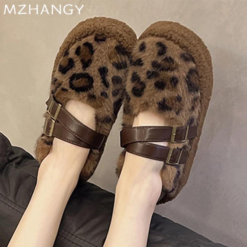 Женские меховые леопардовые хлопковые туфли на плоской подошве, повседневная обувь для женщин, тренд 2025 года, новые зимние сапоги, зимние удобные женские зимние ботинки