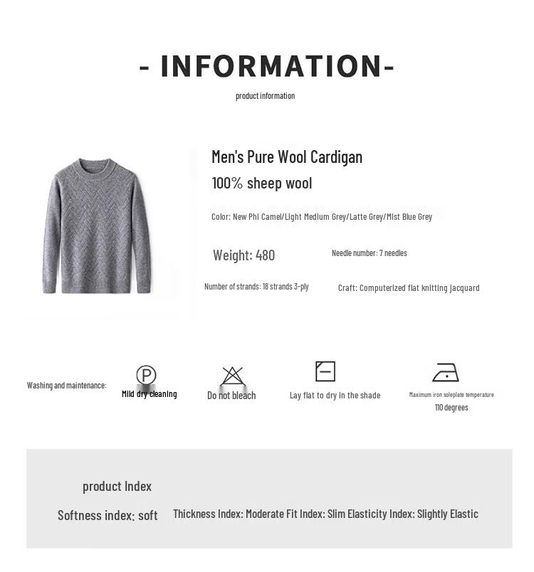 Hengyuanxiang Men's 100% Wool Jacquard Round Neck Thick Sweater