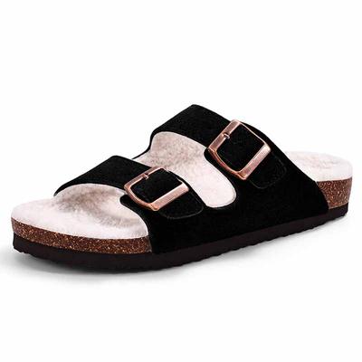Comwarm Женские плюшевые пробковые тапочки для дома с меховой подкладкой, пушистые пробковые тапочки для дома и улицы, нескользящие мохнатые шлепанцы на плоской подошве
